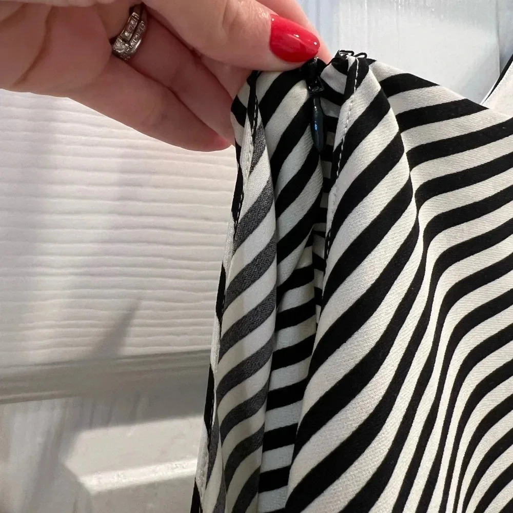 J3. Halston Heritage Striped One-Shoulder Asymmetric Cocktail Dress, Black/White - Picture 4 of 10